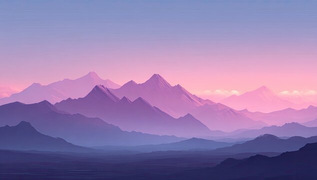 Misty layered mountains, lavender and pink sky at dusk