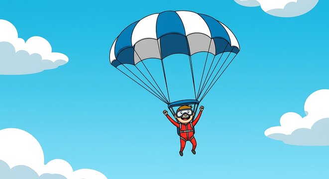 Cartoon skydiver descends with parachute against blue sky and clouds