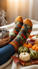 Autumn Cozy Feet with Warm Drink and Pumpkins.