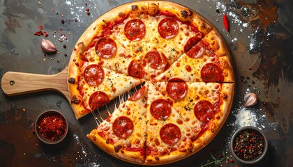 A delectable pepperoni pizza, sliced and ready to enjoy, is presented on a dark wooden pizza board, showcasing the rich flavors and textures of the dish.