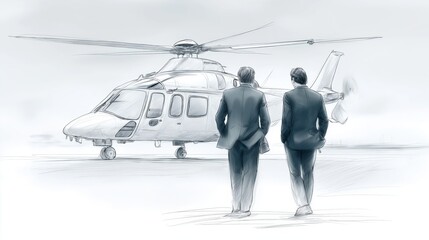 Two businessmen inspecting modern helicopter in hangar symbolizing aviation industry cooperation, corporate innovation and high technology engineering partnership, Generative AI