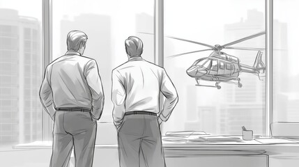 Two businessmen inspecting modern helicopter in hangar symbolizing aviation industry cooperation, corporate innovation and high technology engineering partnership, Generative AI