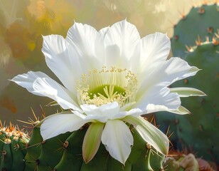 A stunning close-up of a magnificent white saguaro cactus flower, showcasing delicate petals and intricate details.