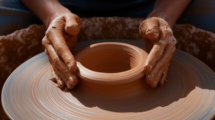 Pair of hands working on a pottery wheel. the hands are covered in mud and appear to be in the process of shaping a clay pot. the pot is round and has a smooth surface.