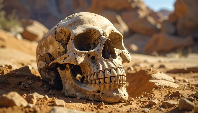 A weathered skull rests amongst desert sands, highlighting the fragility of life amidst a harsh landscape.