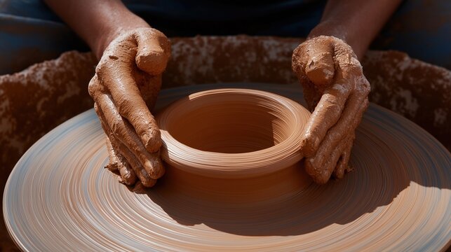 Pair of hands working on a pottery wheel. the hands are covered in mud and appear to be in the process of shaping a clay pot. the pot is round and has a smooth surface.