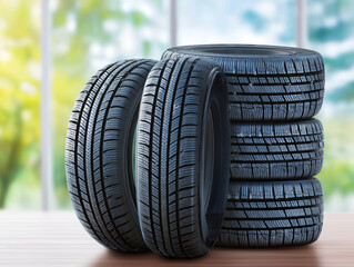Obraz premium Stack of four winter tires arranged neatly in a service workshop, showcasing their tread patterns and durability for enhanced safety during winter driving conditions