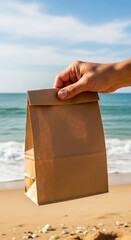 Brown Paper Bag Lunch on Beach.