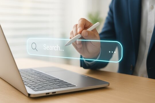 Businessman using stylus with holographic search bar above laptop in modern digital office 
