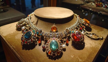 A lavish, colorful, statement necklace with large gemstones, gold details, and pearl accents, displayed on a mannequin.