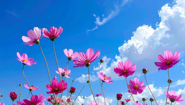 Pink cosmos flowers reach towards a vibrant blue sky dotted with fluffy white clouds, showcasing a cheerful and serene summer scene.