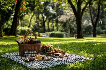 A picnic setup with food and basket on checkered blanket