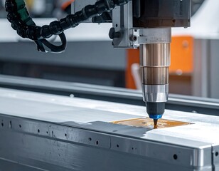 A close-up view of a robotic arm precisely working on a metal sheet, highlighting intricate details of the industrial process.