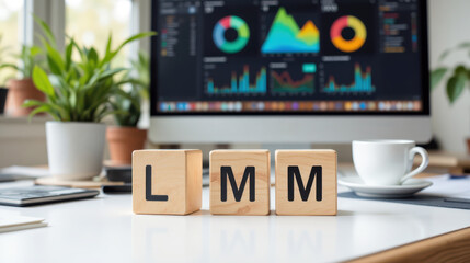 Language model management abbreviation LMM presented on office desk with business analytics dashboard in background illustrating artificial intelligence data analysis for corporate strategy planning