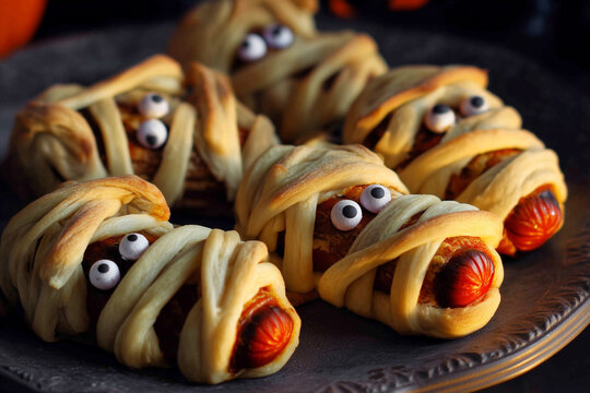 A platter of mummy-themed baked snacks, perfect for Halloween treats with pastry wrappings and candy eyes for a fun and spooky experience.
