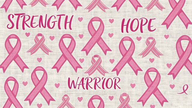 Warrior Words & Pink Ribbon Seamless Fabric Design with typographic overlays strength,hope and warrior