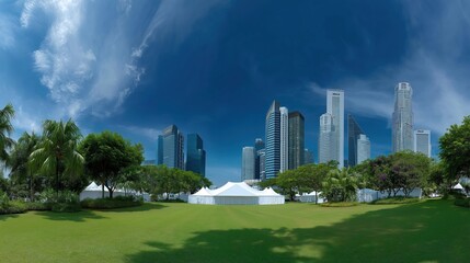 Obraz premium Landscape photograph of a city skyline. the sky is blue with a few white clouds scattered across it.