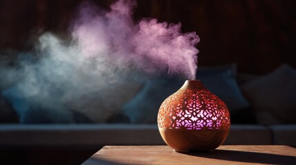 Wooden diffuser on a wooden table in a dimly lit room. the diffuser is round and cylindrical in shape with a red and orange pattern on it.