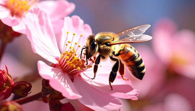 Close-up photograph of a bee pollinating a pink flower in spring - Powered by Adobe