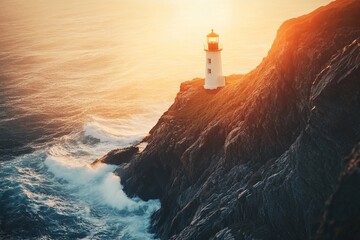 lighthouse on rocky cliff at sunset