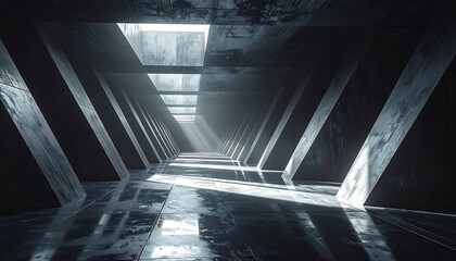 Dark abstract architectural corridor with sunlight and geometric shapes design