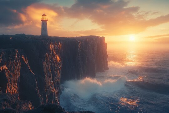 lighthouse on rocky cliff at sunset