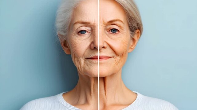 Caucasian woman comparing young and old skin changes, before and after skin care or cosmetic procedure concept, aged and rejuvenation footage.