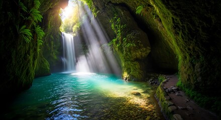 Serene Waterfall Cave, Lush Green Plants, Sunlight.