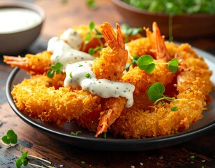 Crispy fried shrimp, generously coated in a flavorful breading, drizzled with a creamy white sauce, are served on a dark plate.