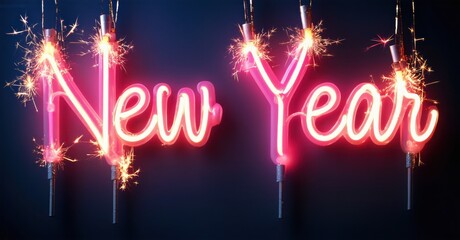 Bright neon text spells New Year. Sparklers frame words, creating festive, celebratory mood. Dark background enhances glowing effect.
