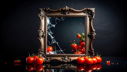 Tomatoes and Broken Mirror Composition on Black Background