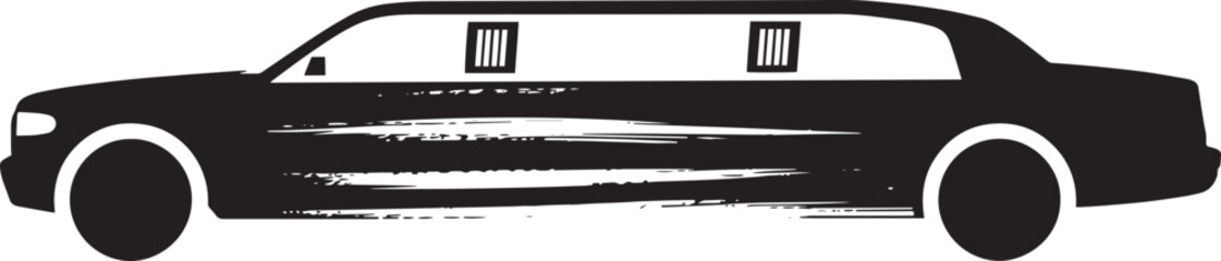 Limousine silhouette on transparent background, side view car icon in black brush stroke effect