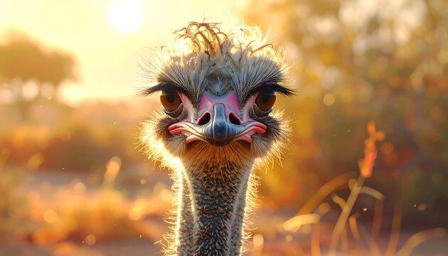 Close-up of an ostrich's head, showcasing its unique plumage and curious expression against a golden, out-of-focus background at sunrise.