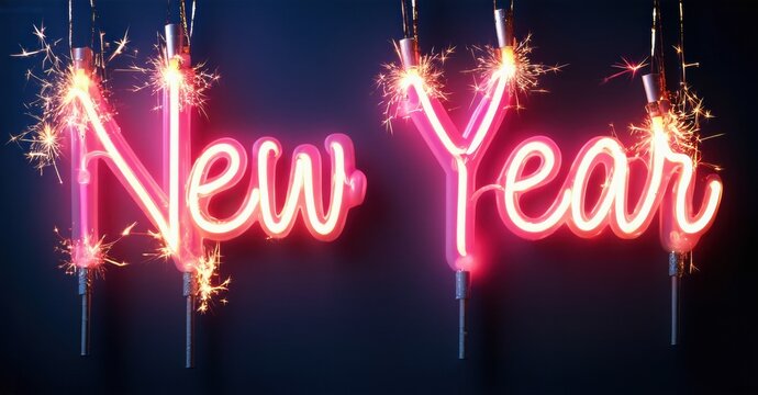 Bright neon text spells New Year. Sparklers frame words, creating festive, celebratory mood. Dark background enhances glowing effect.