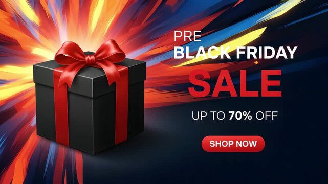 Pre black friday sale advertisement with gift box and up to 70 off offer