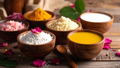 Wooden bowls filled with various natural ingredients, including turmeric powder, flour, and a golden liquid, sit on a rustic wooden surface, evoking a sense of wellness and natural beauty treatments.
