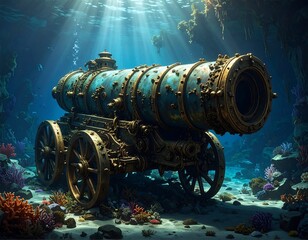 A grand, ornate cannon rests submerged in a vibrant underwater scene, bathed in sunlight filtering through the water's surface.