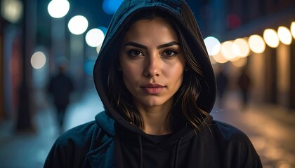 A close-up portrait of a young woman, wearing a black hooded sweatshirt, at night in a city street, showcasing a serious expression and thoughtful gaze.