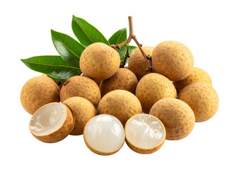 Fresh longan fruit bunch with leaves isolated on transparent background