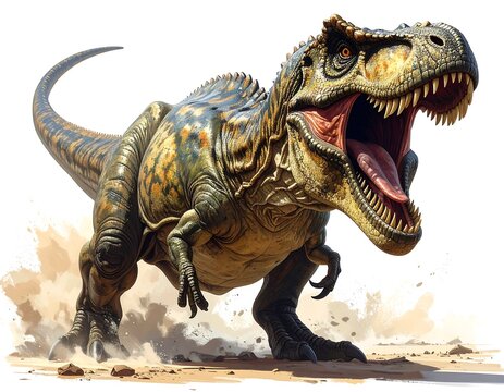 A powerful Tyrannosaurus Rex, roaring and charging across a sandy plain, showcasing its detailed, dynamic pose and rich color palette.