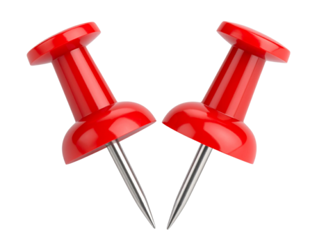 Two red push pins facing each other isolated on transparent background