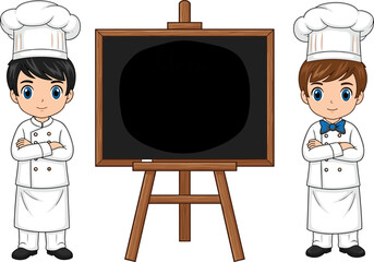Cartoon young chefs in white uniform with chef hats standing beside restaurant chalkboard menu, professional cooking illustration for culinary school and food service concept