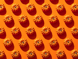Vibrant orange pumpkins arranged in a repeating pattern on a bright orange background