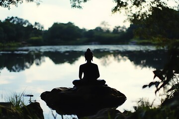 Silhouette of Buddha meditating by lake with serene reflection