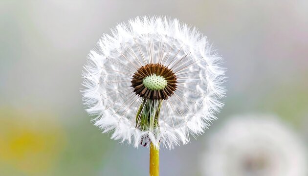 A close-up of a delicate dandelion seed head, showcasing its intricate structure and soft, fluffy texture against a blurred, pastel-toned background. - Powered by Adobe