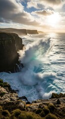 Powerful Ocean Waves Crashing Against Cliffs at Sunset.