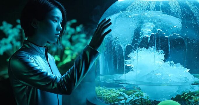 Woman in Pixie Cut Raising Hand Toward Glass Dome Showcasing Vibrant Coral Reef and Jellyfish in Serene Underwater Aquarium Setting