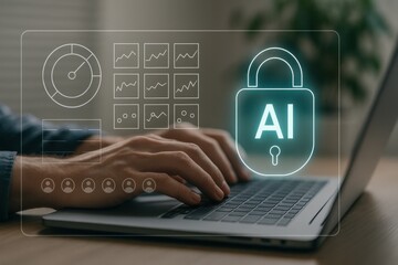 Typing on laptop with AI lock security hologram and digital analytics dashboard for data protection 
