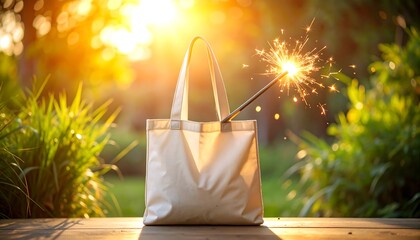 Tote Bag with Sparkler in Natural Outdoor Setting at Sunset