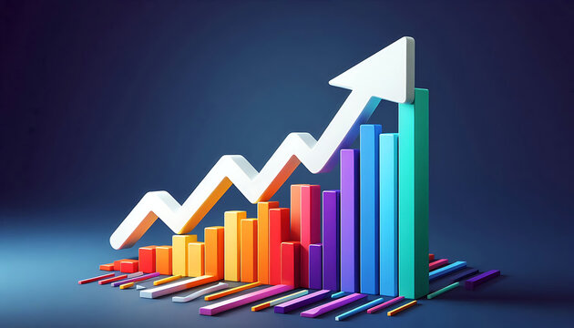 Vibrant 3D bar chart shows rising columns in rainbow hues, highlighting growth, data analysis, and financial performance